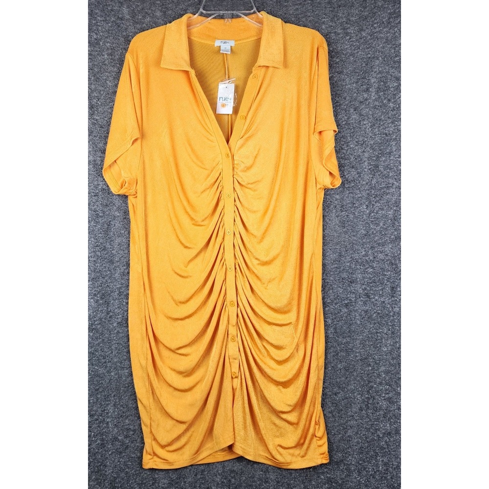 Rue 21‎ Shirt Dress Womens 4X Mustard Yellow Ruched Button Front Short Sleeve